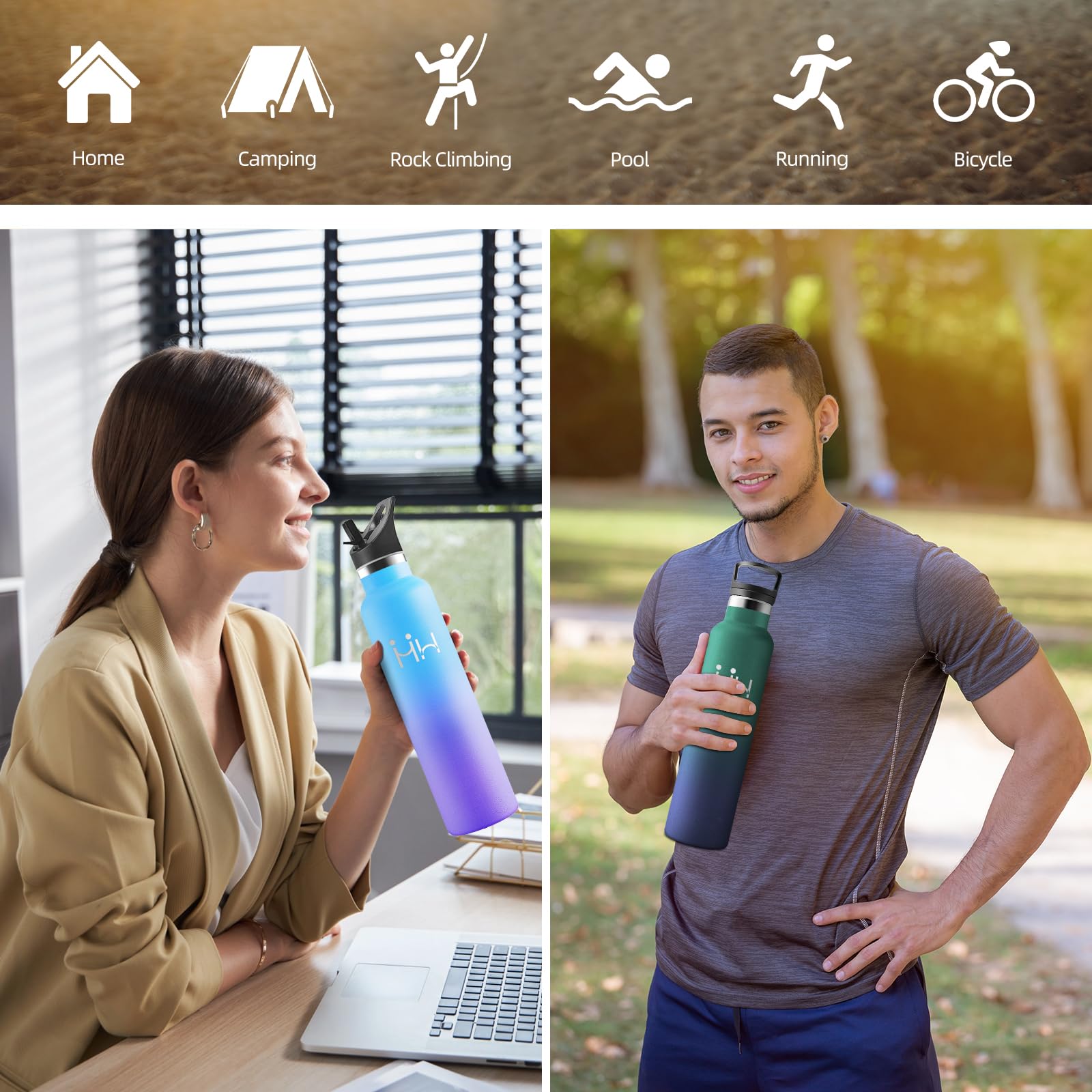 Motswedi Bottiglia termica da 1 l, senza BPA, in acciaio inox, freddo/caldo, bottiglia d'acqua con cannuccia, a prova di perdite, bottiglia d'acqua termica per sport, ufficio, yoga, ciclismo, blu