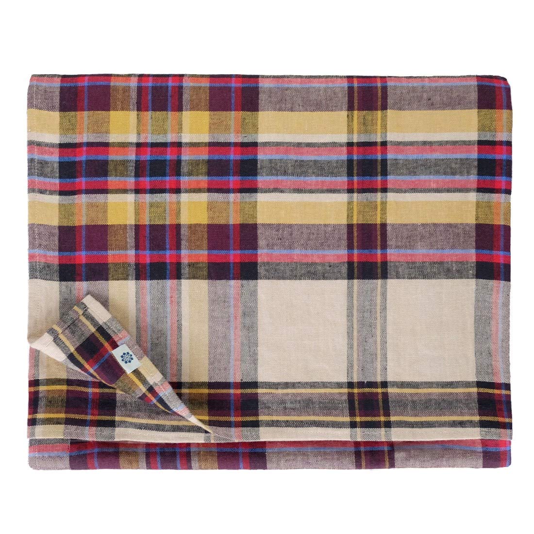 Linen & Cotton Mantel de Tela Curtis a Cuadros - 100% Lino, Amarillo Burdeos Rojo Azul (130 x 170 cm) Paño de Mesa Colorido para Cocina Comedor Restaurante Vacaciones Decoración de Hogar Salon