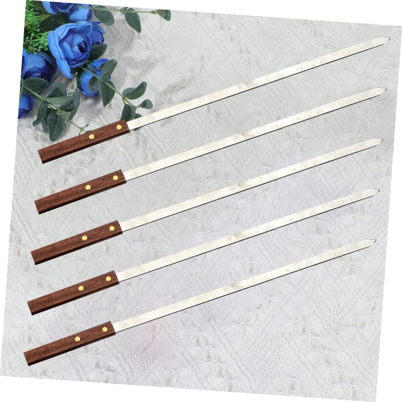 VICASKY 5pcs Stainless Steel Bbq Skewers Wooden Handle Flat Meat Skewers for Barbecue Reusable Rustless for Outdoor Dinner