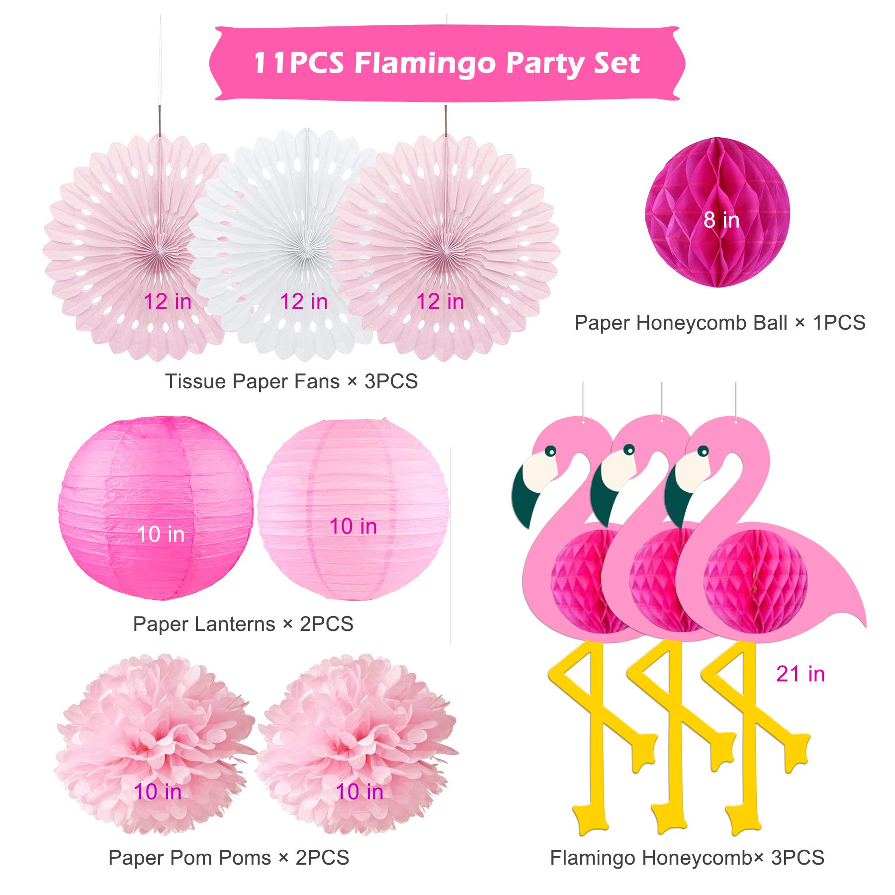 11 Stück Flamingo Party Deko Set, Hängende Papier fächer Laternen und PomPoms Deko, Seidenpapier Pompoms für Hawaiian Luau Strand Geburtstag Hochzeit Foto Dekor