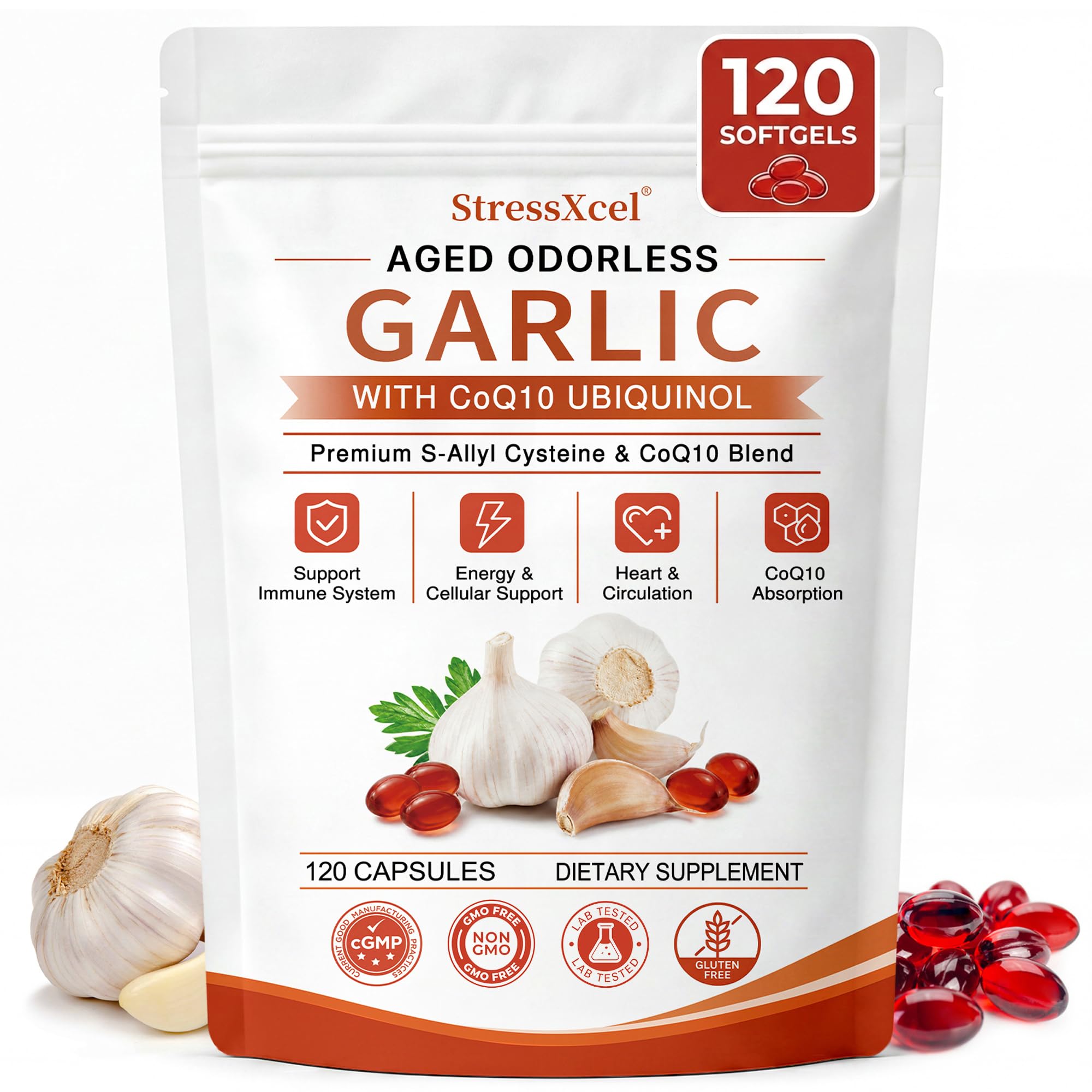 Aged Odorless Garlic Extract Softgels with CoQ10 Ubiquinol and Vitamin K2 - 1200mg Aged Garlic Supplement, S - Allyl Cysteine Standardized for Optimal Heart Health &amp; Immune Support - 120 Softgels