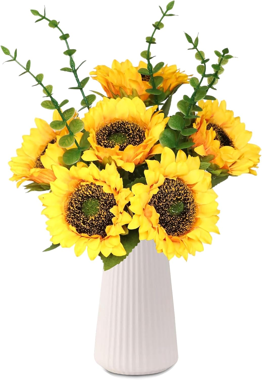 Artificial Flowers with Ceramic Vase, Silk Sunflower Fake Flowers in Vase for Home Office Decoration, 15'' Floral Arrangements for Dining Table Centerpiece, Bathroom, Wedding Decor