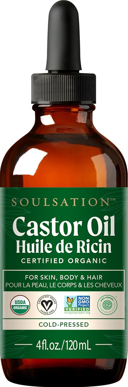 Organic Castor Oil 100% Pure (4oz) – For Eyelashes, Eyebrows, Face, Hair & Skin – Cold Pressed Unrefined Glass Bottle