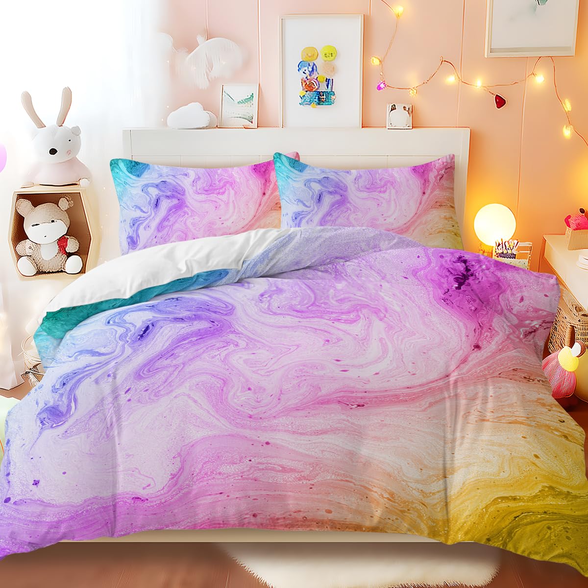 Blessliving Rainbow Magic Colorful Marble Bedding Pastel Pink Blue Purple Duvet Cover Set Marble Abstract Art Bed Set 3 Piece Bright Girly Bedspreads(Super King-Size)