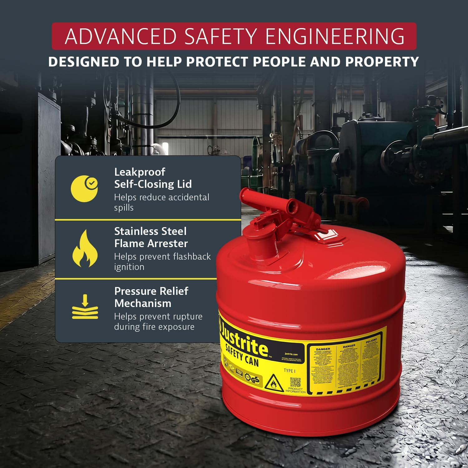 Justrite Type I Gasoline Safety Can, Red Galvanized Steel, Made in the USA image 4