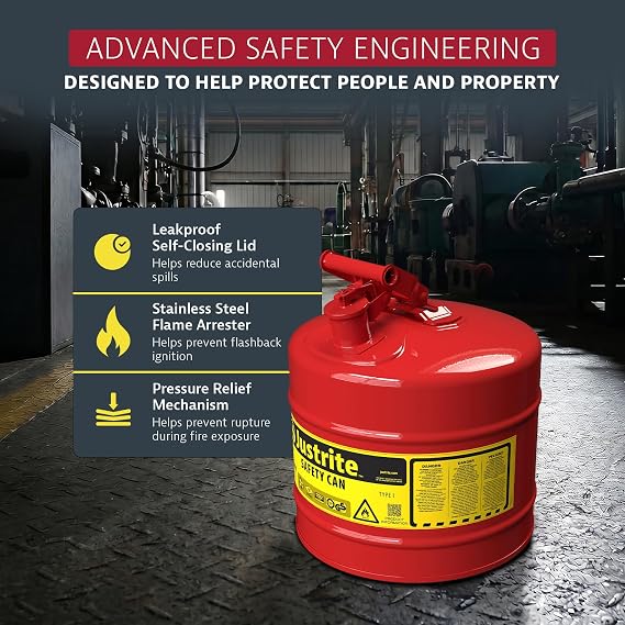 Justrite Type I Gasoline Safety Can, Red Galvanized Steel, Made in the USA