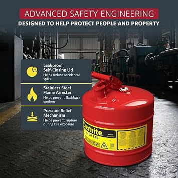 Justrite Type I Gasoline Safety Can, Red Galvanized Steel, Made in the USA