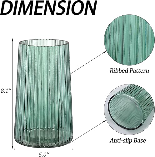 Miniatura 7 de Jarrón de cristal verde para flores, florero para ramo, jarrones de vidrio modernos, jarrones acanalados para sala de estar, dormitorio, mesa de