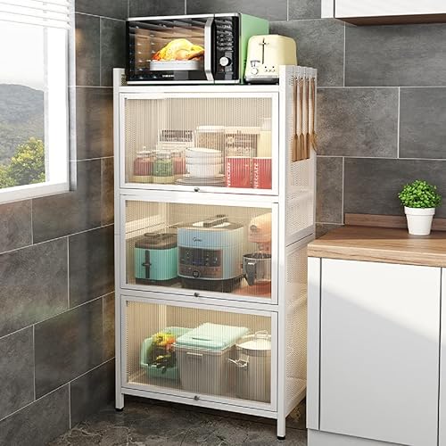 Gdrasuya10 Gabinete de almacenamiento de despensa de cocina blanco, gabinete de despensa de metal de 3 niveles con puertas plegables, armario de