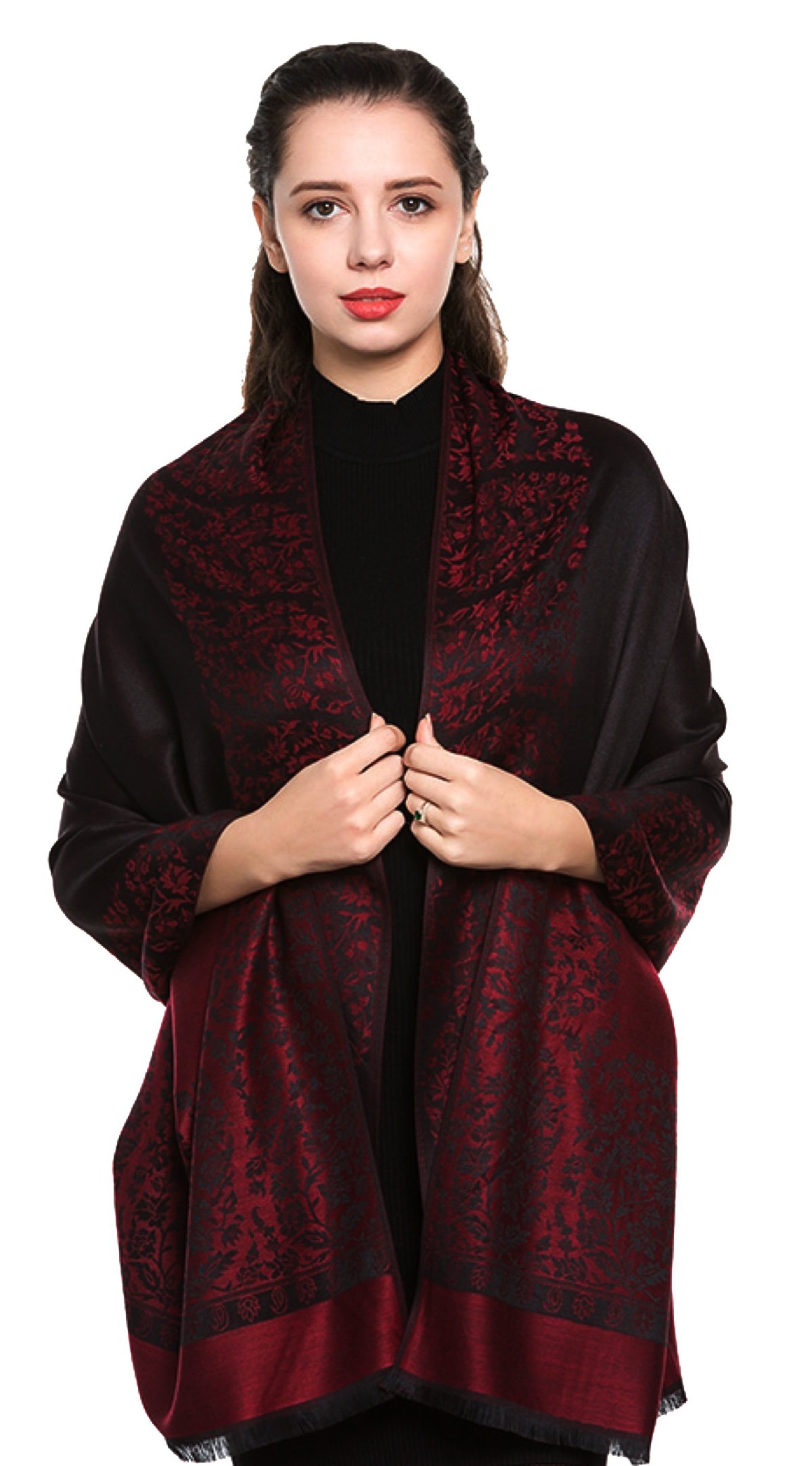World Of Shawls Women's Black / Red Reversible/Two Sided Print Self Embossed Pashmina Feel Wrap Scarf Stole Scarves Shawl (Black/Red)