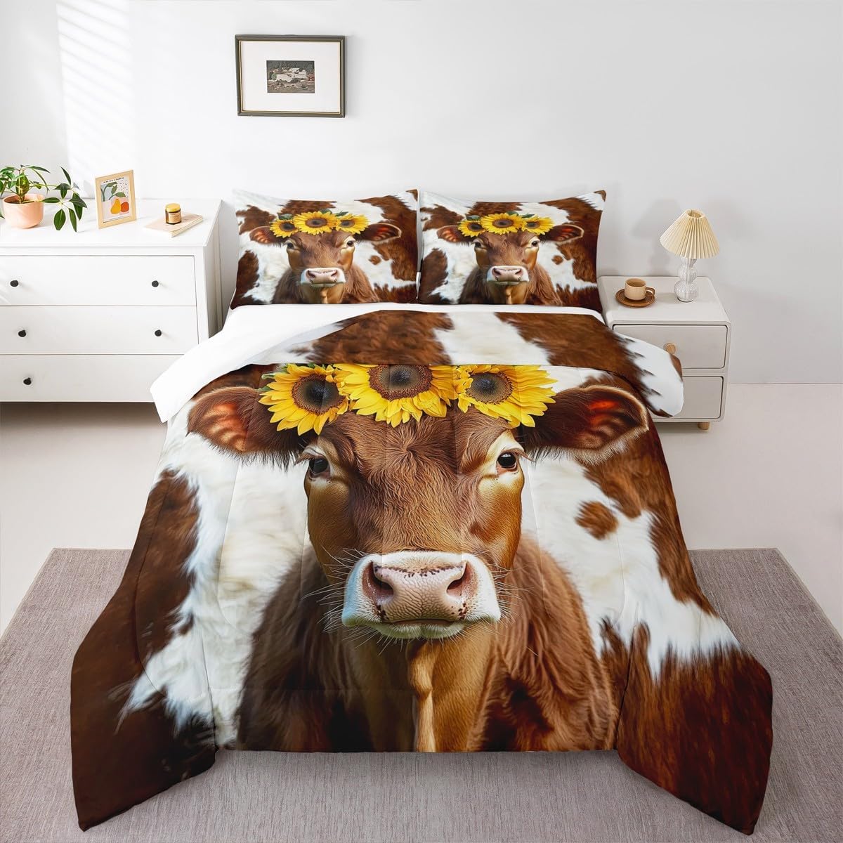 Erosebridal Cow Print Comforter Set Queen Highland Cattle Bedding Set Animal Fur Cowhide Bedding Comforters & Sets Farm Animal Duvet Botanical Flower Floral Quilt Comforter Luxury Farmhouse Decor 3pcs