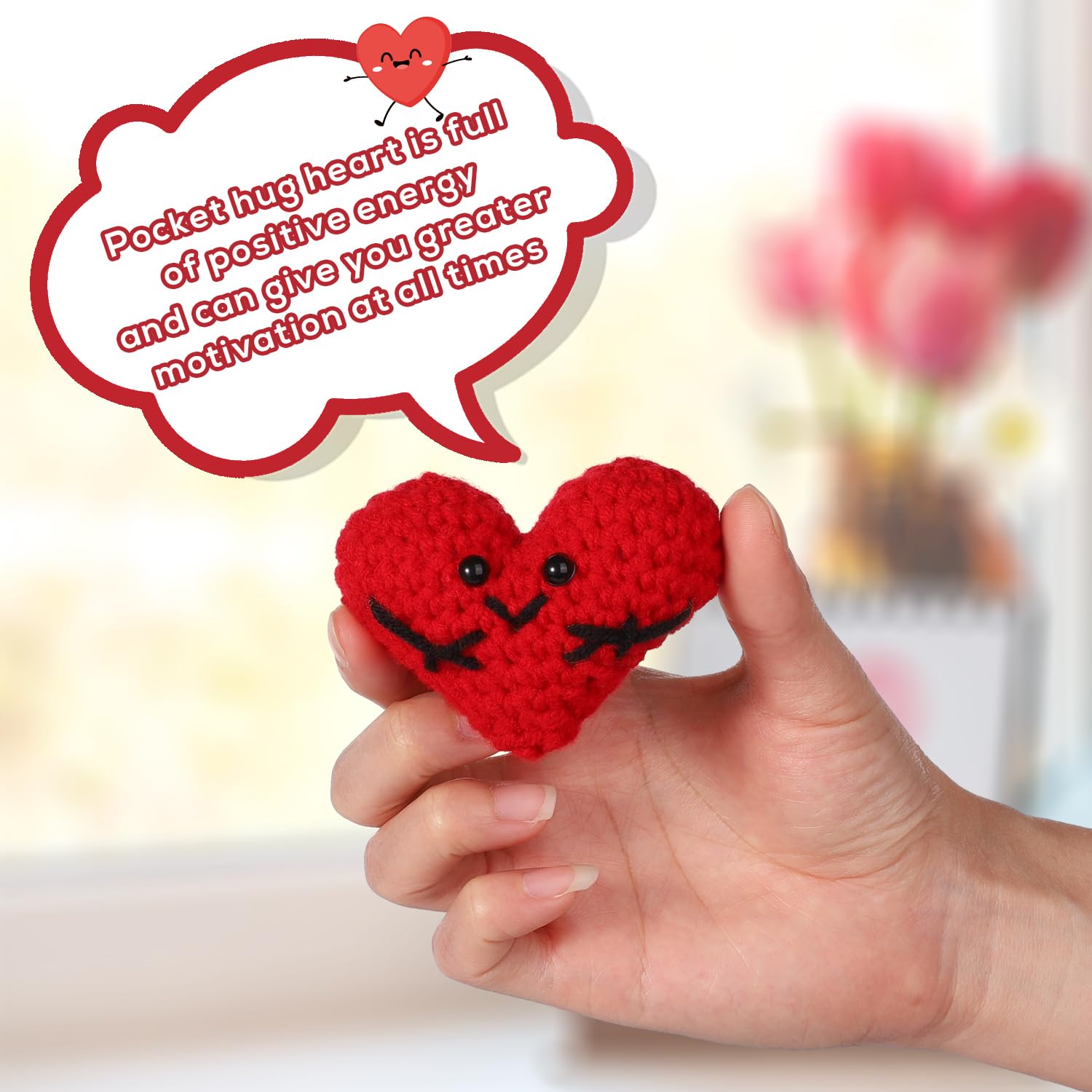 Kieszonkowe Serce, 7,5x5,5cm Slodkie, Szydelkowe Serce z Kartka z Zyczeniami Smieszne Pozytywne Serce Male Dekoracja Zachecajacy Prezent dla Przyjaciól Rodziny (Czerwony)