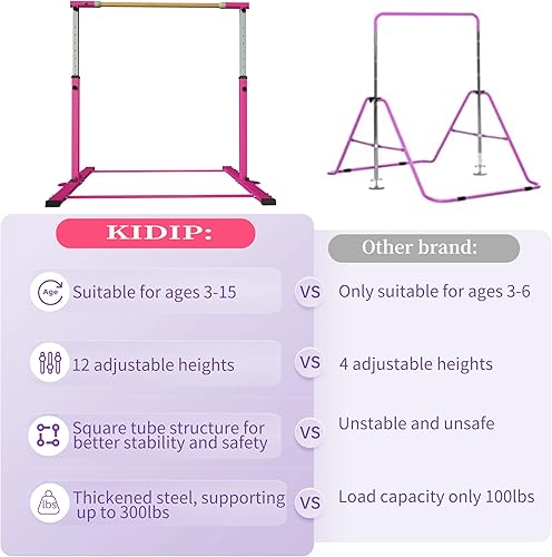 Miniatura 7 de Kip Bar de gimnasia, barra horizontal para niños y niñas, altura ajustable de 3 a 5 pies, equipo de gimnasio en casa, ideal para entrenamiento en