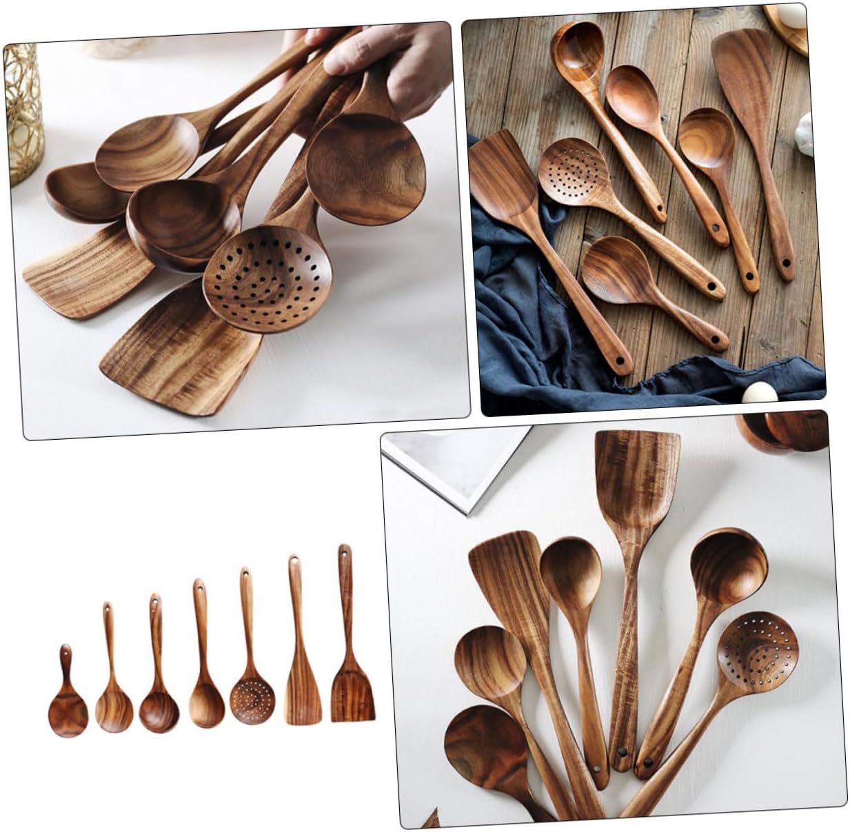 SAFIGLE Natural Wood Cooking Spoon Kitchen Utensils Non-stick Safe Wooden Spoons with Strainer for Home Restaurants Shops Ergonomic Grip Scratch-resistant Kitchen Supplies