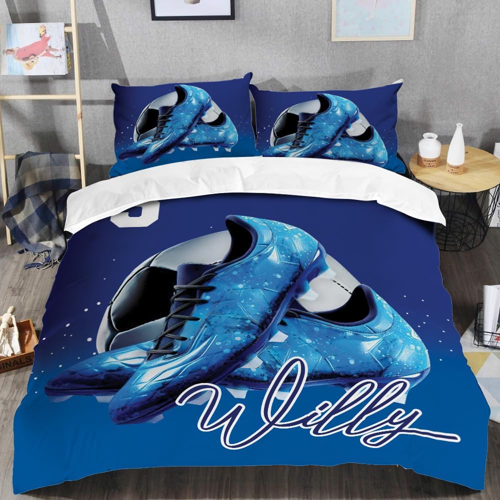 Blue Soccer Shoes Bed Set - Queen Comforter Set Full Size Bedding - Soccer Boys Quilt Bedspread