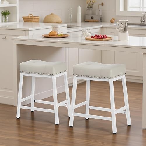 Miniatura 5 de Juego de 2 taburetes de isla de altura para mostrador de cocina, taburetes de bar de 26 pulgadas con asiento de piel sintética con cojín de 4.3