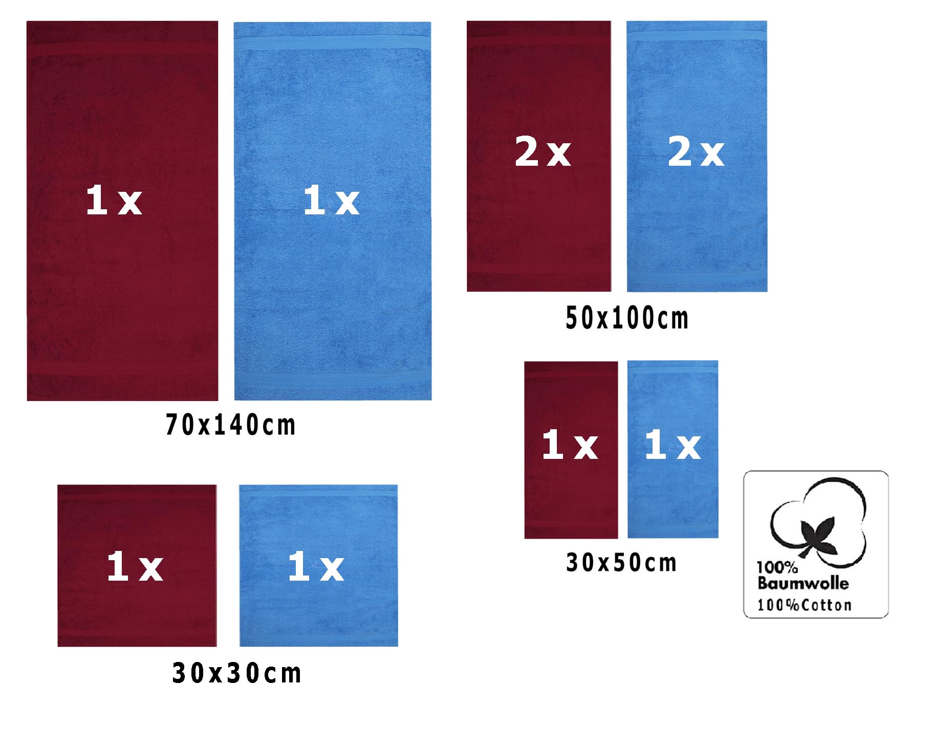 Betz Juego de 10 Toallas Classic 100% algodón 2 Toallas de baño 4 Toallas de Lavabo 2 Toallas de tocador 2 Toallas faciales Rojo Oscuro y Azul Claro