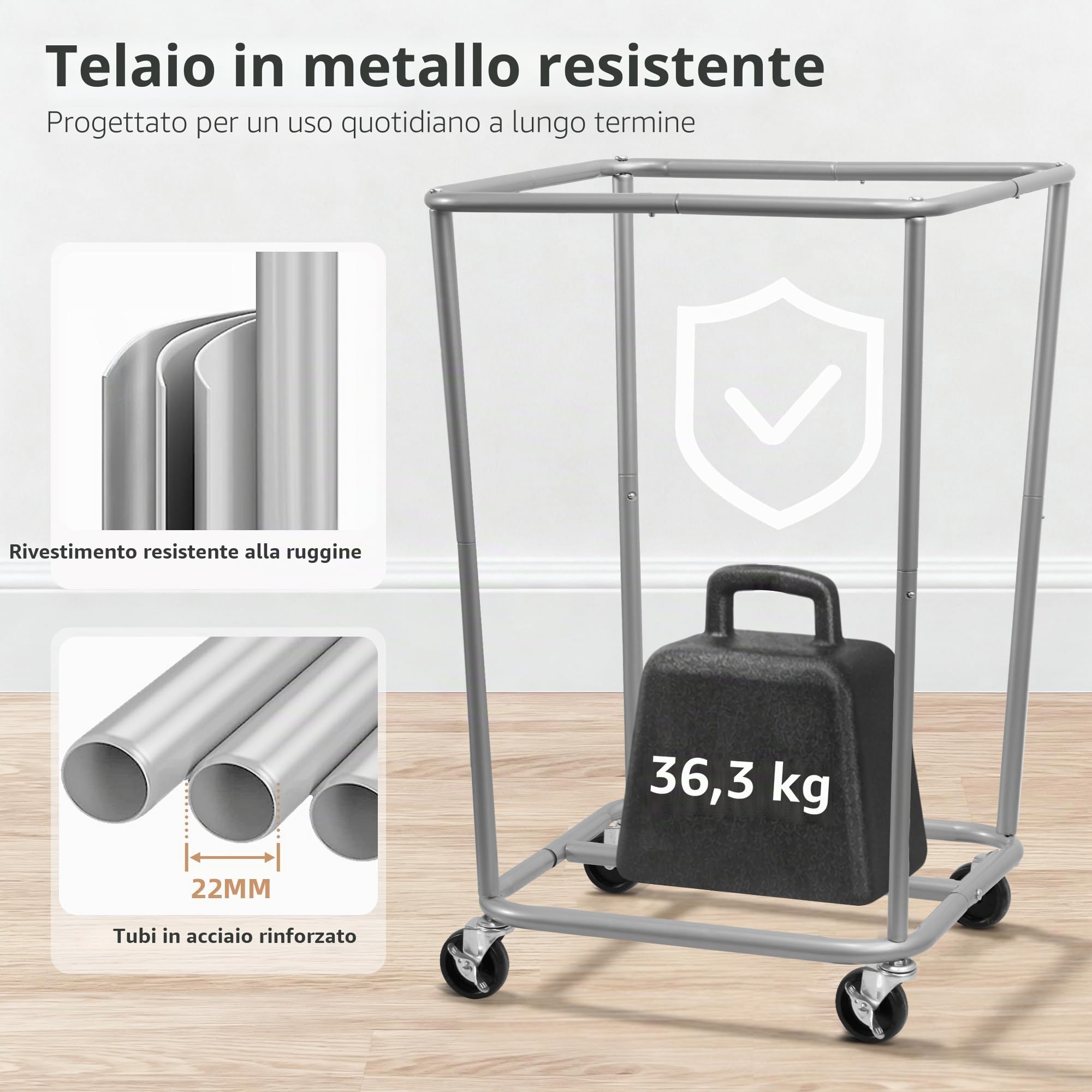 STORAGE MANIAC Cesto portabiancheria commerciale con telaio in acciaio resistente, 160 l, cesto portabiancheria industriale con ruote, per hotel, casa, lavanderia, 45 x 45 x 70 cm, beige medio