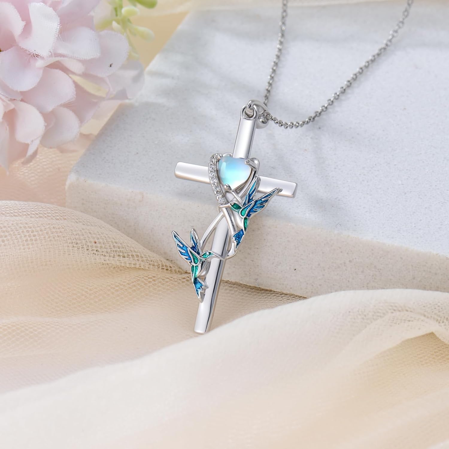 PELOVNY Animal Cross Necklace for Women 925 Sterling Silver Moonstone Dragonfly/Butterfly/Bee/Hummingbird/Ladybug Pendant Jewelry Anniversary Birthday Christmas Gifts for Mom Grandma Wife