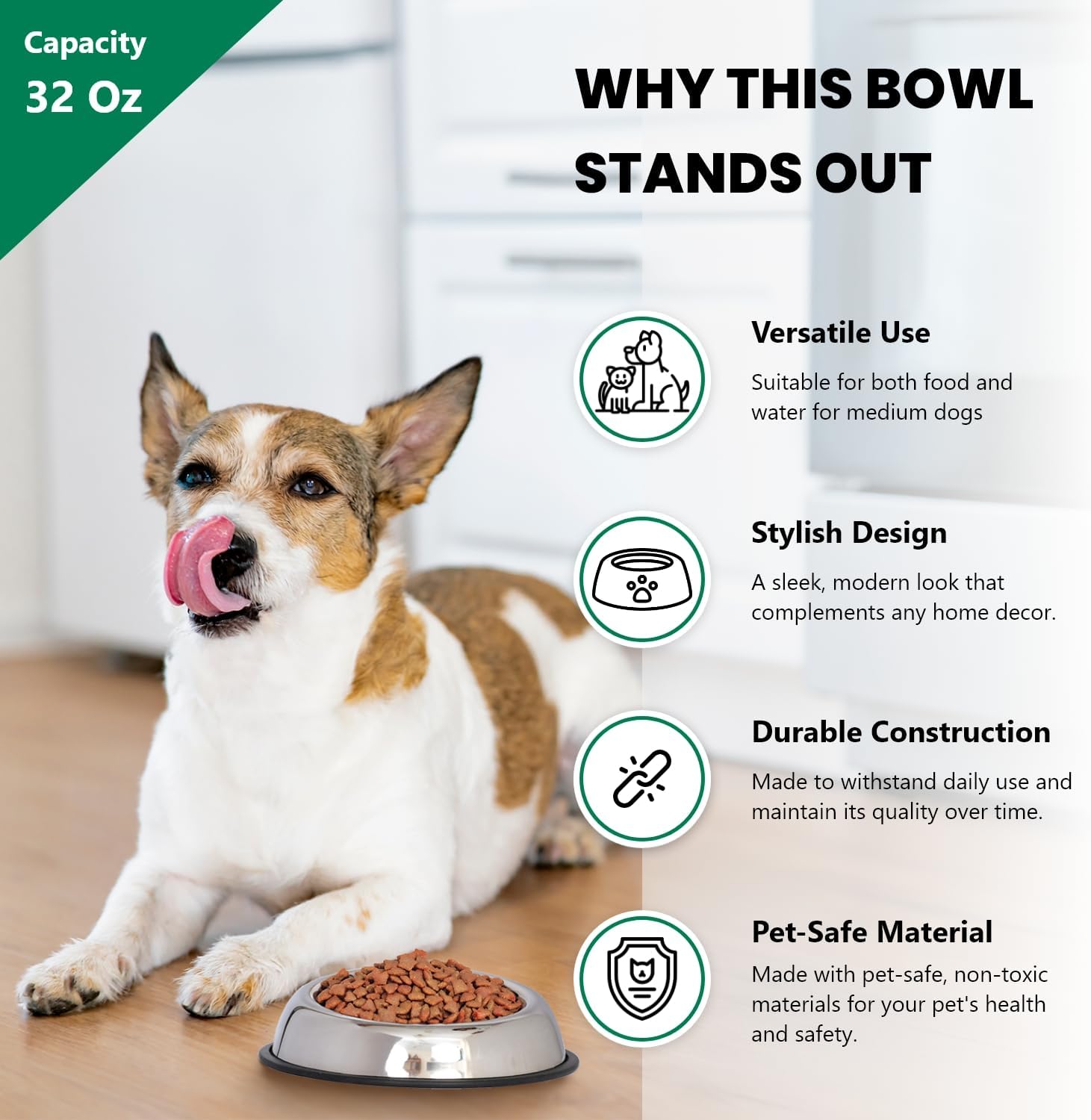 Iconic Pet 4 Cup/32 Oz Heavy Weight Non-Skid Stainless Steel High Back Pet Food/Water Bowls with Removable Anti Skid Rubber Ring - Dog/Cat Feeding Bowl in Unique Design, Dishwasher Safe