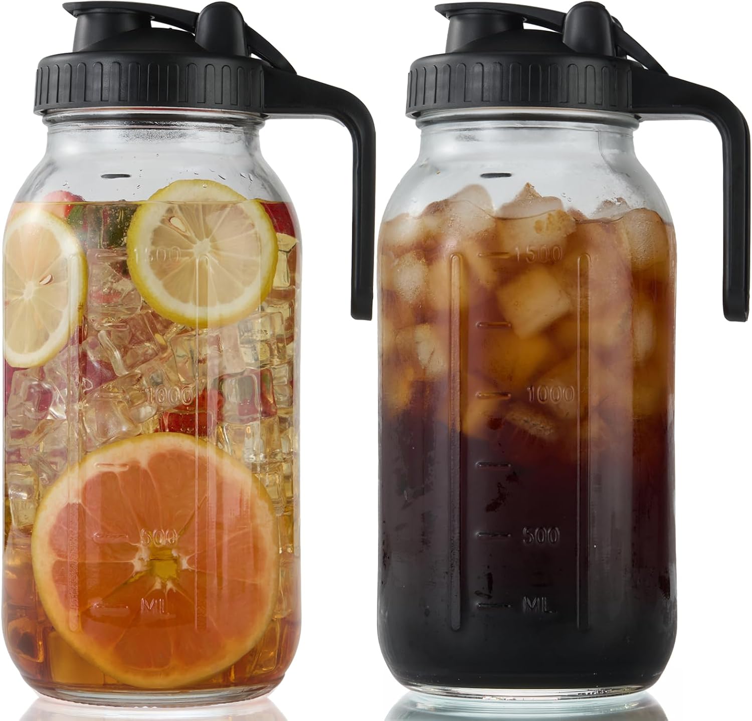 64oz Glass Pitcher with Lid, 2 Quart (1/2 Gallon) Mason Jar Pitcher with Handle & Flip Cap Pour Spout, Airtight Leakproof for Iced Tea, Cold Brew Coffee, Juice, Sun Tea