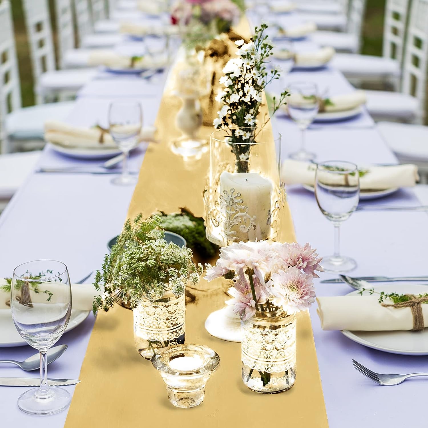 Ruisita 6 Pack Wedding Satin Table Runner 12 x 108 Inch Champagne Long Bright Silk Wedding Dinner Party Table Runner for Wedding Banquet Birthday Party Decoration