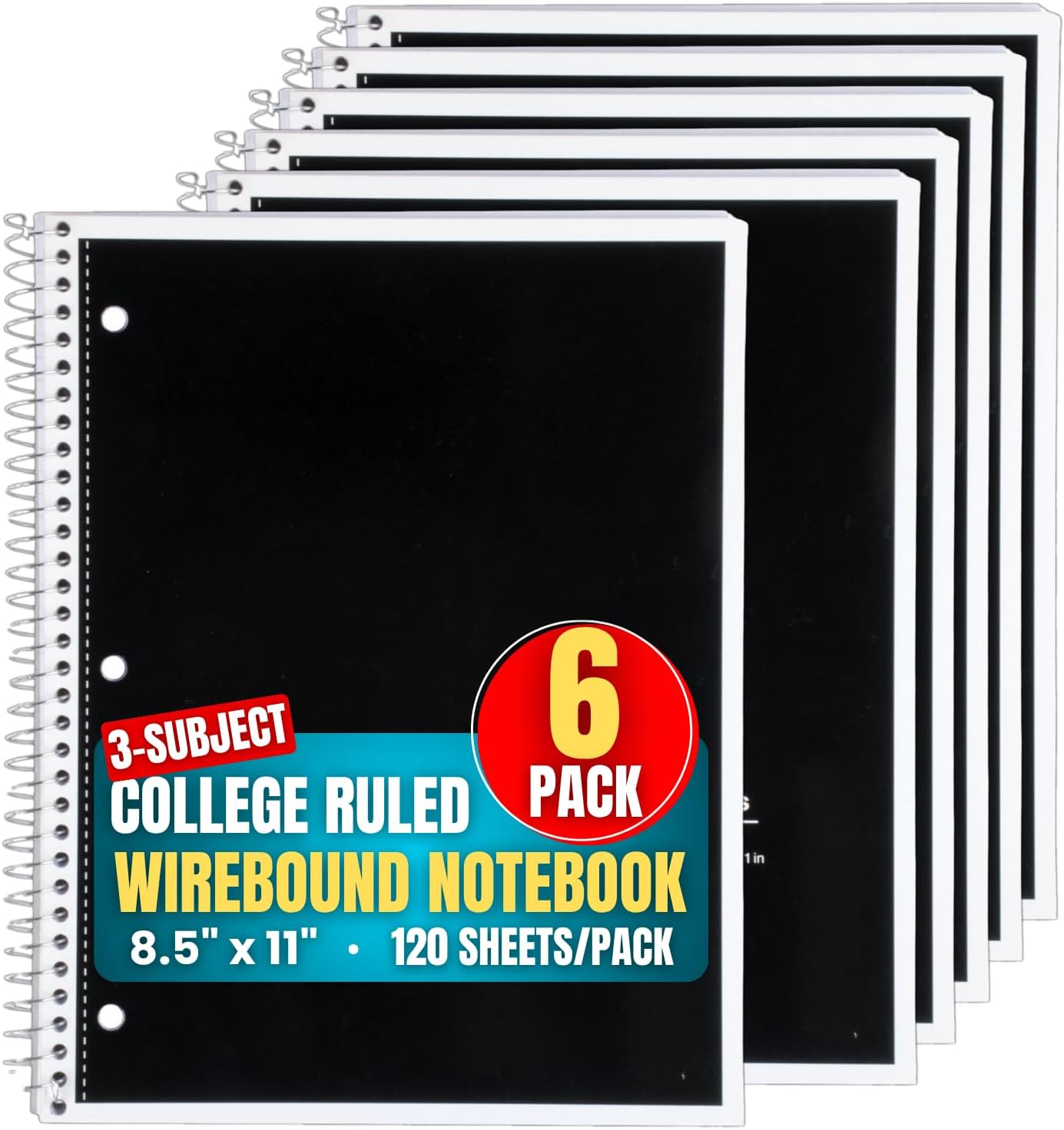 1InTheOffice 3-Subject Spiral Notebook, Wirebound Spiral Notebooks, College Ruled Notebooks, 8.5 x 11, 120 Sheets, Black, 6 Pack