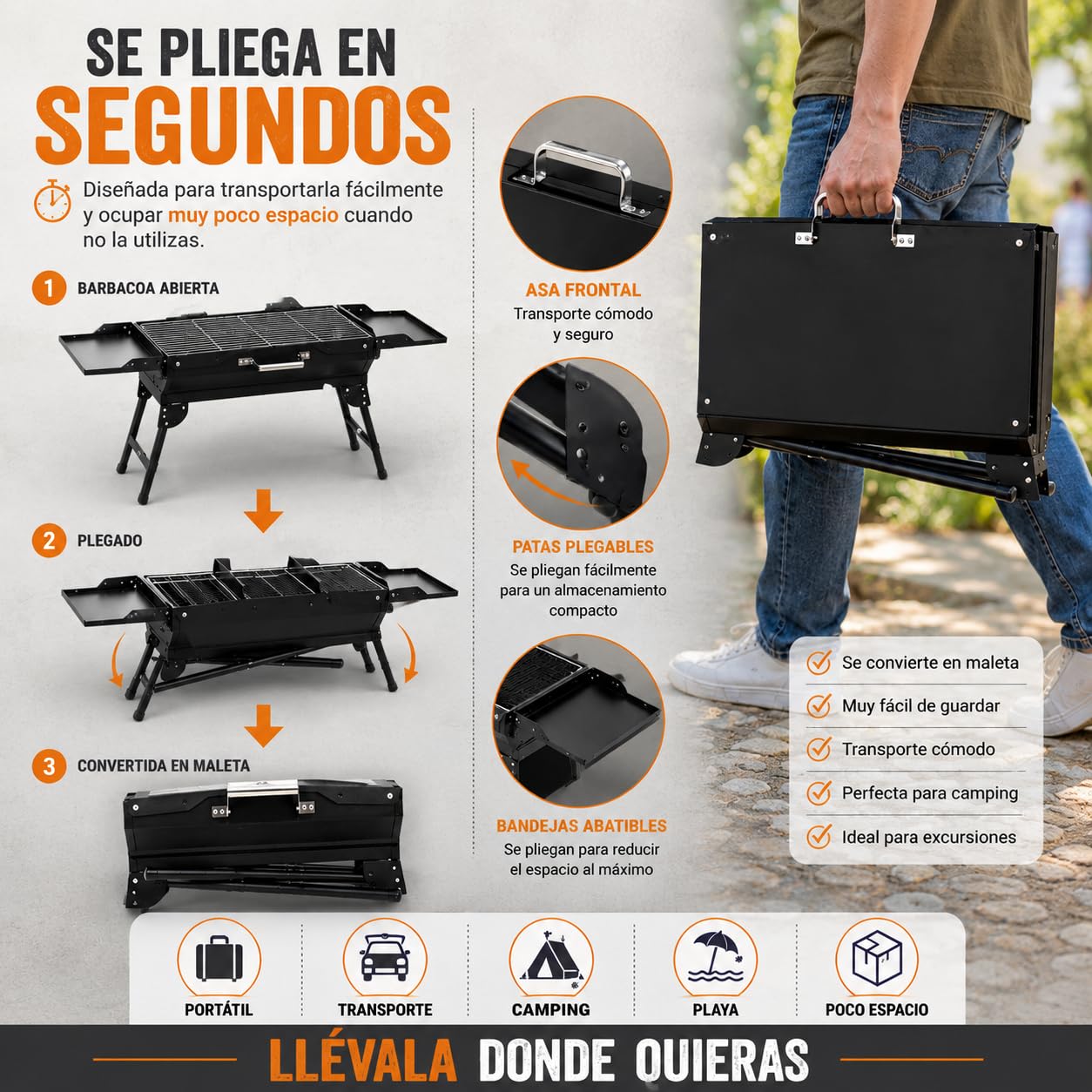 TIENDA EURASIA – Barbacoa de Carbón Plegable | Portátil con 4 Patas Plegables y 2 Bandejas Laterales Abatibles | Acero Esmaltado | Rejilla de Cocción Cromada | Negro | Carbón o Briquetas | 82x30x57 cm