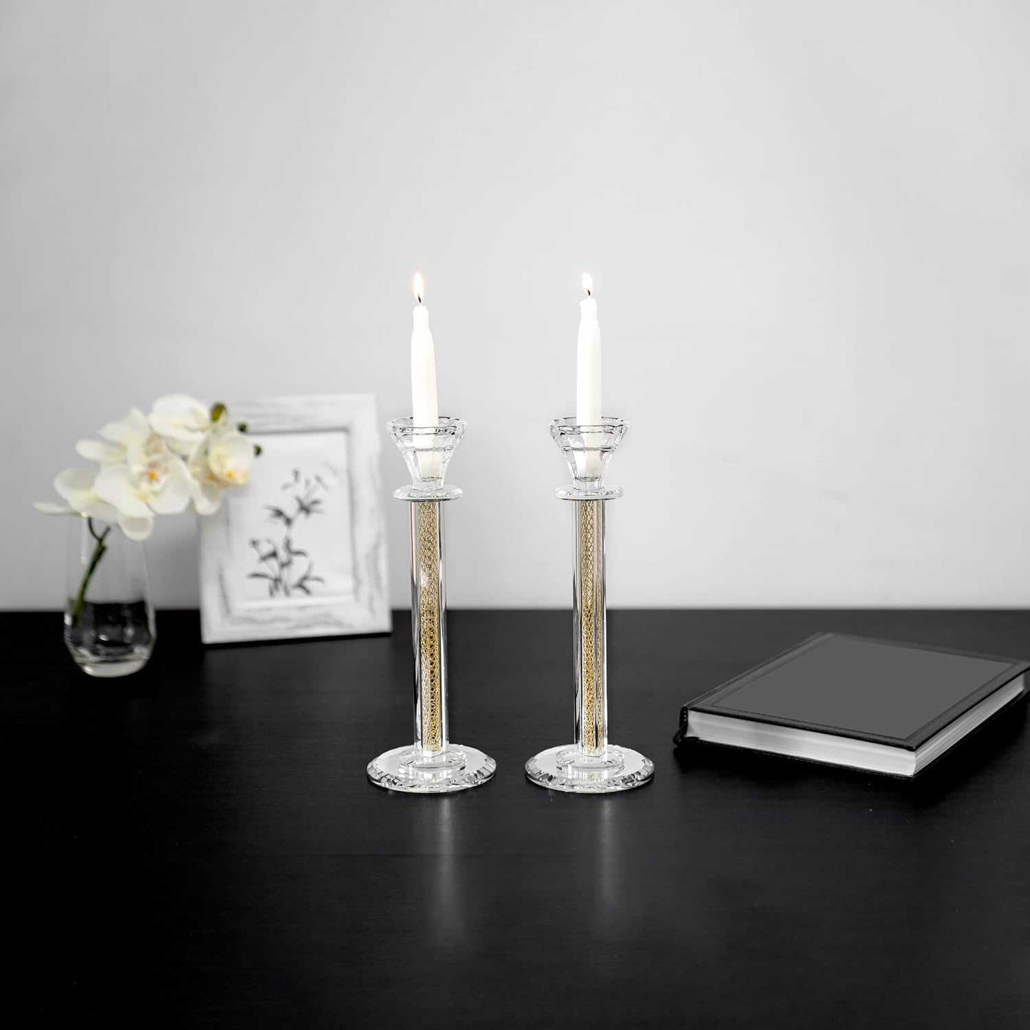 Crystal Candle Holders Set of 2-10.2" Tall Crystal Candlestick Holders with Gold Netting & Mirror Base - Decorative Centerpiece for Taper Candles and Tea Light Candles (Gold)