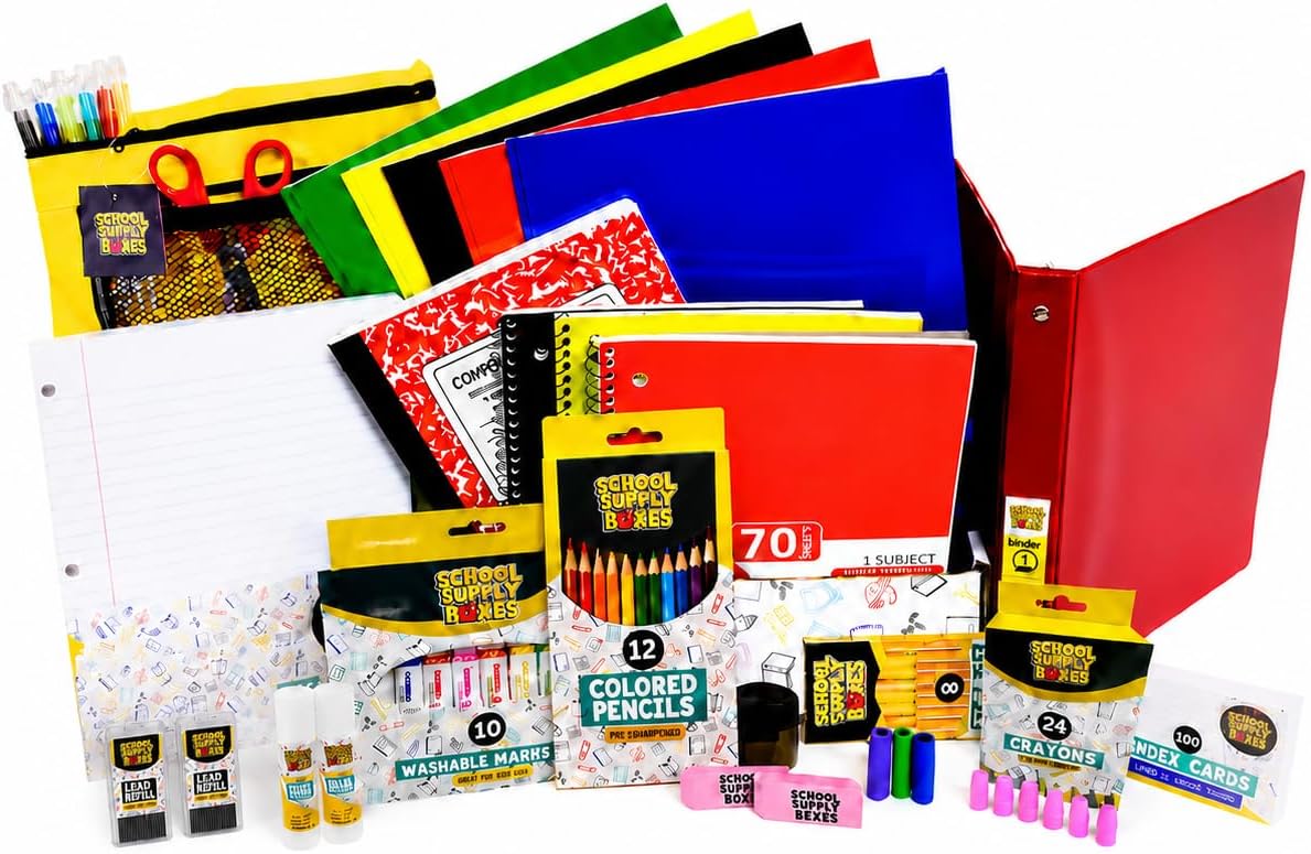 Elementary School Essentials Bundle | 1 Box - 91 Pieces per Box | School Supply Boxes - Back to School Essentials | Includes Binders, Folers, Notebooks, Filler Paper, Pencils, Notecards, Pens, & More