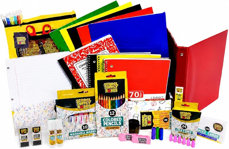 Elementary School Essentials Bundle | 1 Box - 91 Pieces per Box | School Supply Boxes - Back to School Essentials | Includes Binders, Folers, Notebooks, Filler Paper, Pencils, Notecards, Pens, & More