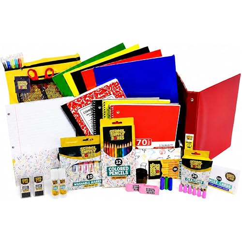 Elementary School Essentials Bundle | 1 Box - 91 Pieces per Box | School Supply Boxes - Back to School Essentials | Includes Binders, Folers, Notebooks, Filler Paper, Pencils, Notecards, Pens, & More