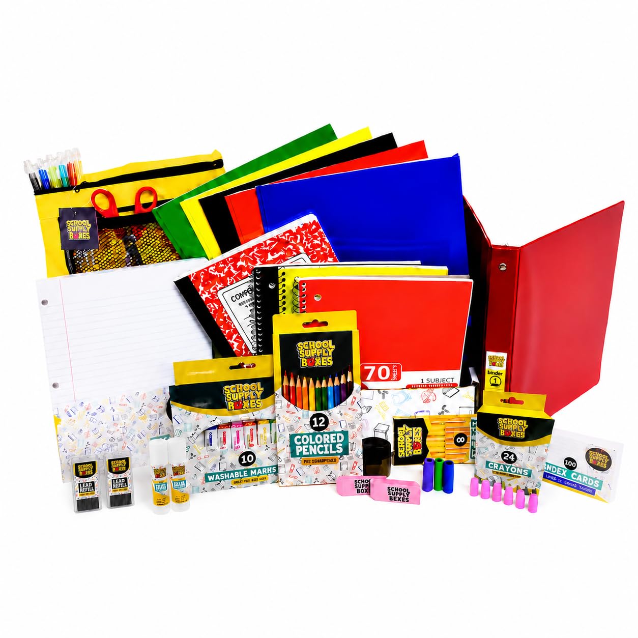 Elementary School Essentials Bundle | Case (4 Boxes) - 91 Pieces per Box | School Supply Boxes - Back to School Essentials | Includes Binders, Folers, Notebooks, Paper, Pencils, Pens, & More