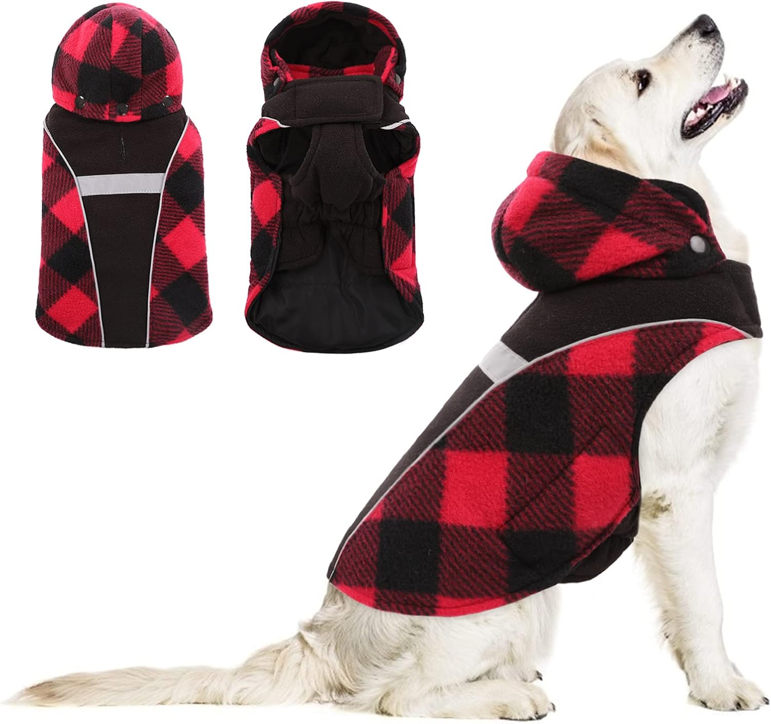 KOESON Plaid Windproof Dog Winter Coat, Reflective Dog Cold Weather Coat with Detachable Hood Winter Sports Jacket, Pet Winter Outdoor…