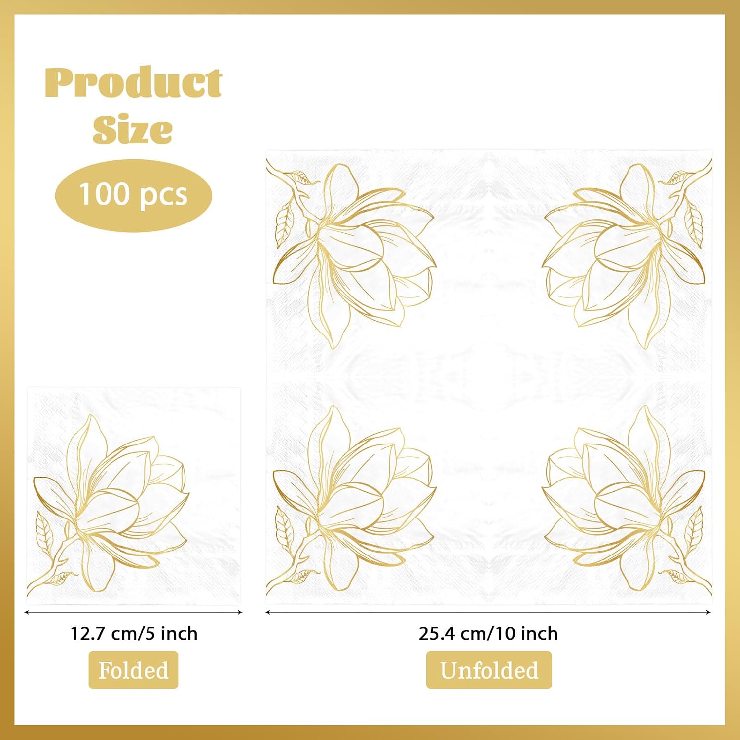 100 Pack Gold Magnolia Cocktail Napkins 3 Ply 5 x 5 Inch Gold Foil Floral Disposable Paper Napkins for Spring Dinner Wedding Birthday Baby Shower Vintage Bridal Engagement Reception Party Supplies