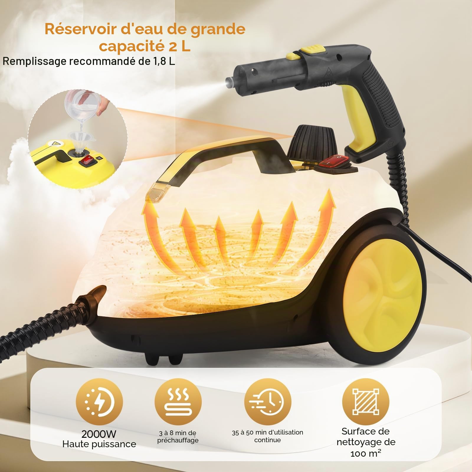 Nettoyeur Vapeur, Haute Pression Nettoyeur Vaporisateur : 5 Bar, 2000W, 2L, Haute Température Puissant Balai Vapeur, Élimine Graisses, Taches, Pour Salon, Cuisine, Salle de Bain