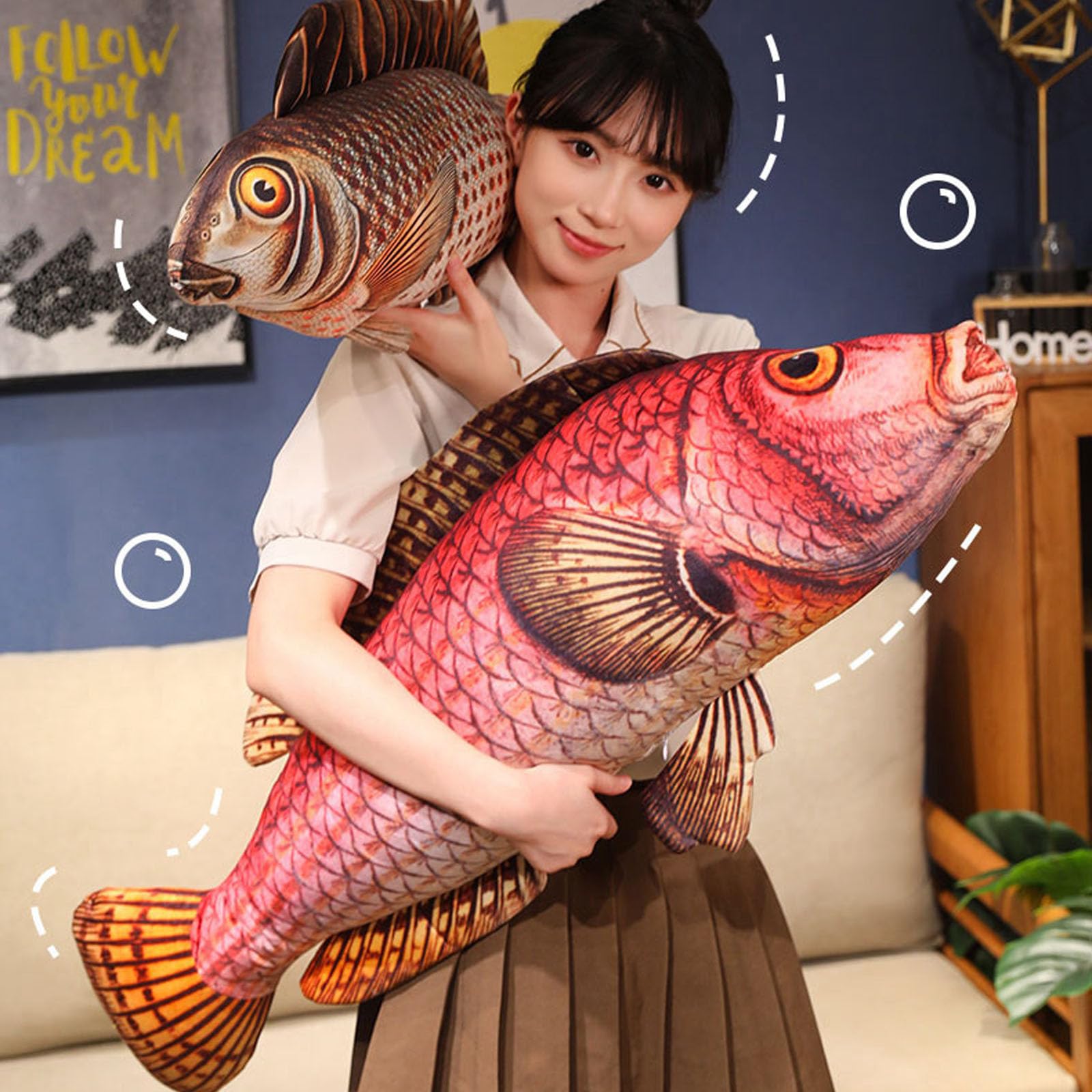 Simulations Fisch Plüschtier, 3D Fisch Kissen Großes Plüschkissen für Kinder, Weiches Fischdekorationskissen, Kindergeschenk, Geschenk für Zuhause (D,110cm)