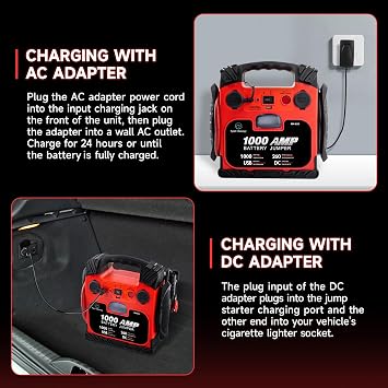 Car Battery Jump Starter with Air Compressor Portable Tire Inflator,260PSI 1000Amp Battery Booster Jumper Box(Up to 5L Gas or 5L Diesel) Power Station 12V DC Outlet USB Port,LED Light