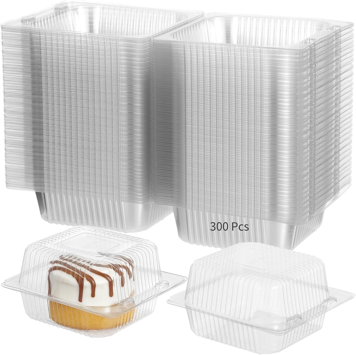 OMISTAR 300 Pcs Plastic Cake Slice Containers - Clamshell Takeout Tray, Disposable Dessert Containers for Salad Cake Dessert Cookies