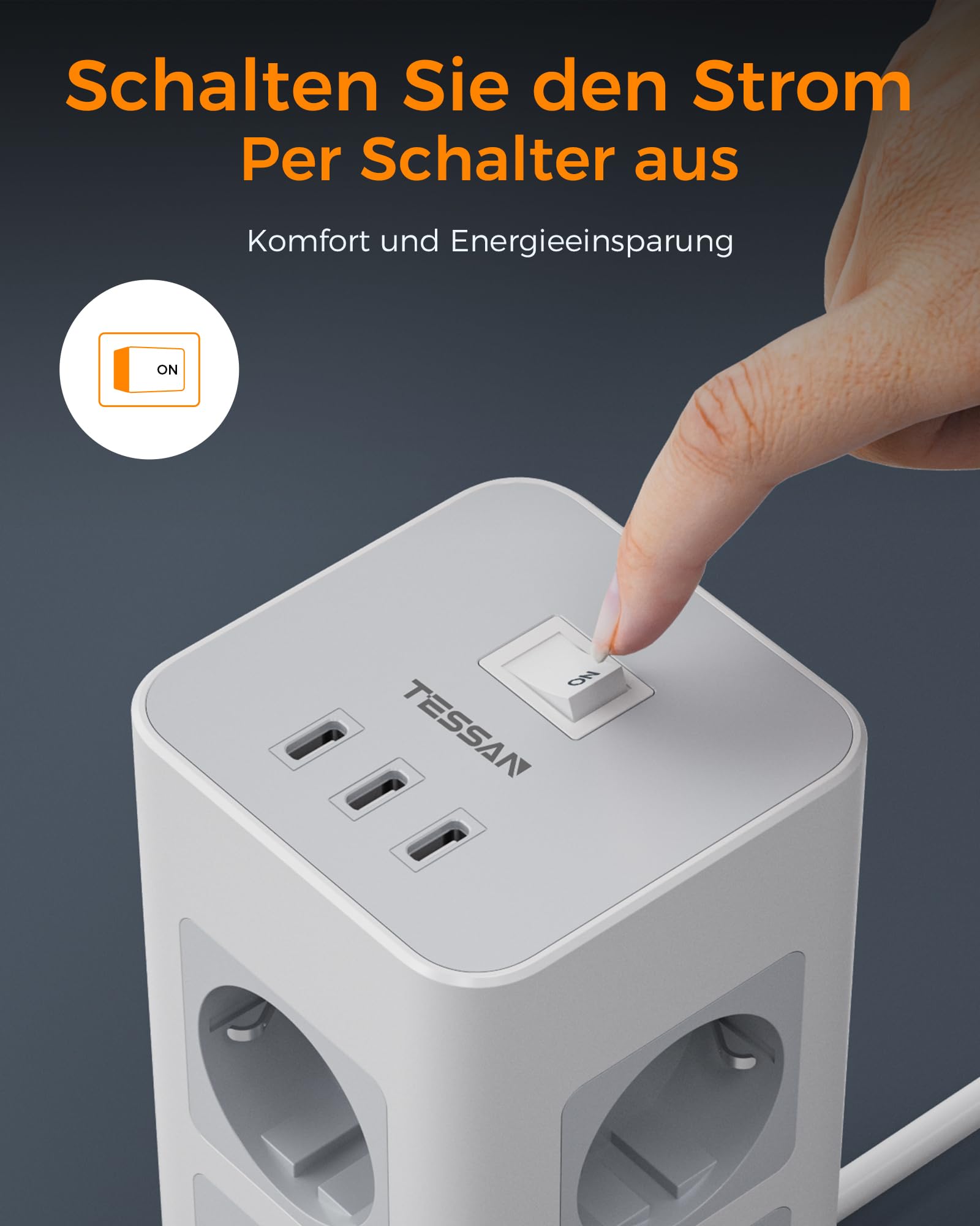 TESSAN 8 Voudige Stekkerdoos,Meervoudige Overspanningsbeveiliging, Stekkerdoos met 1 USB 2 USB C, Meervoudige Stekker met 2M Verlengsnoer, Wandcontactdoos, Verdeelstekker voor Thuis, Zwart