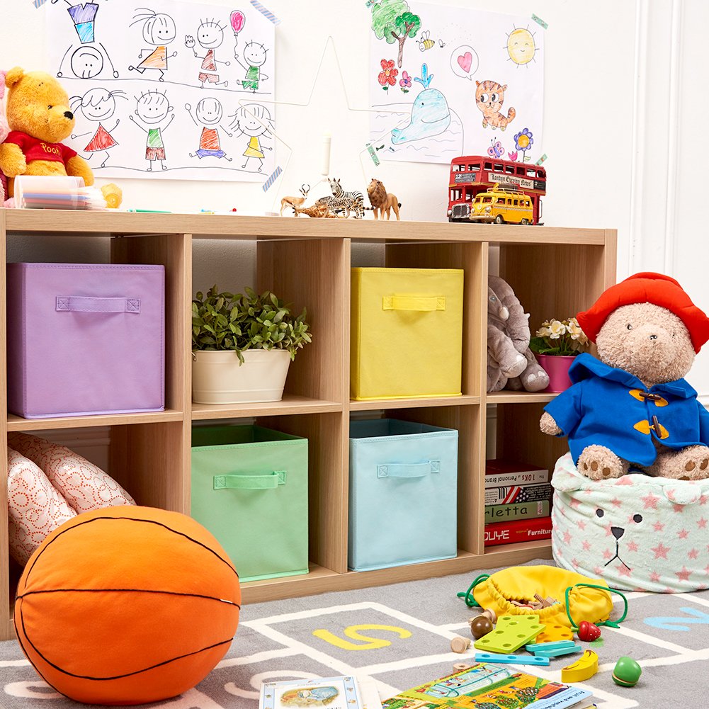 EZOWare Boîtes de Rangement Ouvertes en Textile Non-Tissé, Cube, Carré, Pliable, Tiroir en Tissu, Pack de 4, pour Linge, Jouets, Vêtement, Disques DVD etc. (Couleur assortie) 26.7 x 26.7 x 28 cm