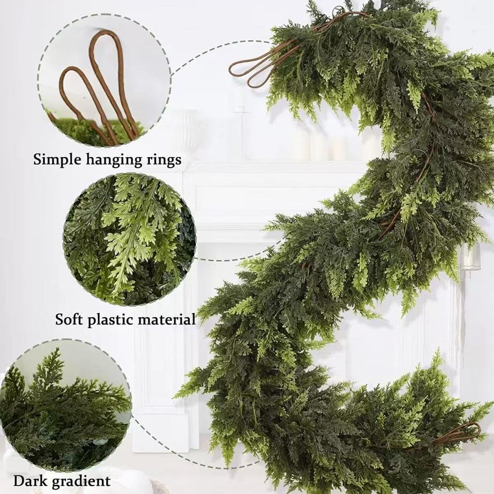 Guirnalda de Cedro Navideña, 1.8 m, Guirnaldas Artificiales de Navidad de Tacto Real para Hogar de Invierno, Repisa, Chimenea, Decoración Navideña Interior y Exterior 1.8m(66) 610g