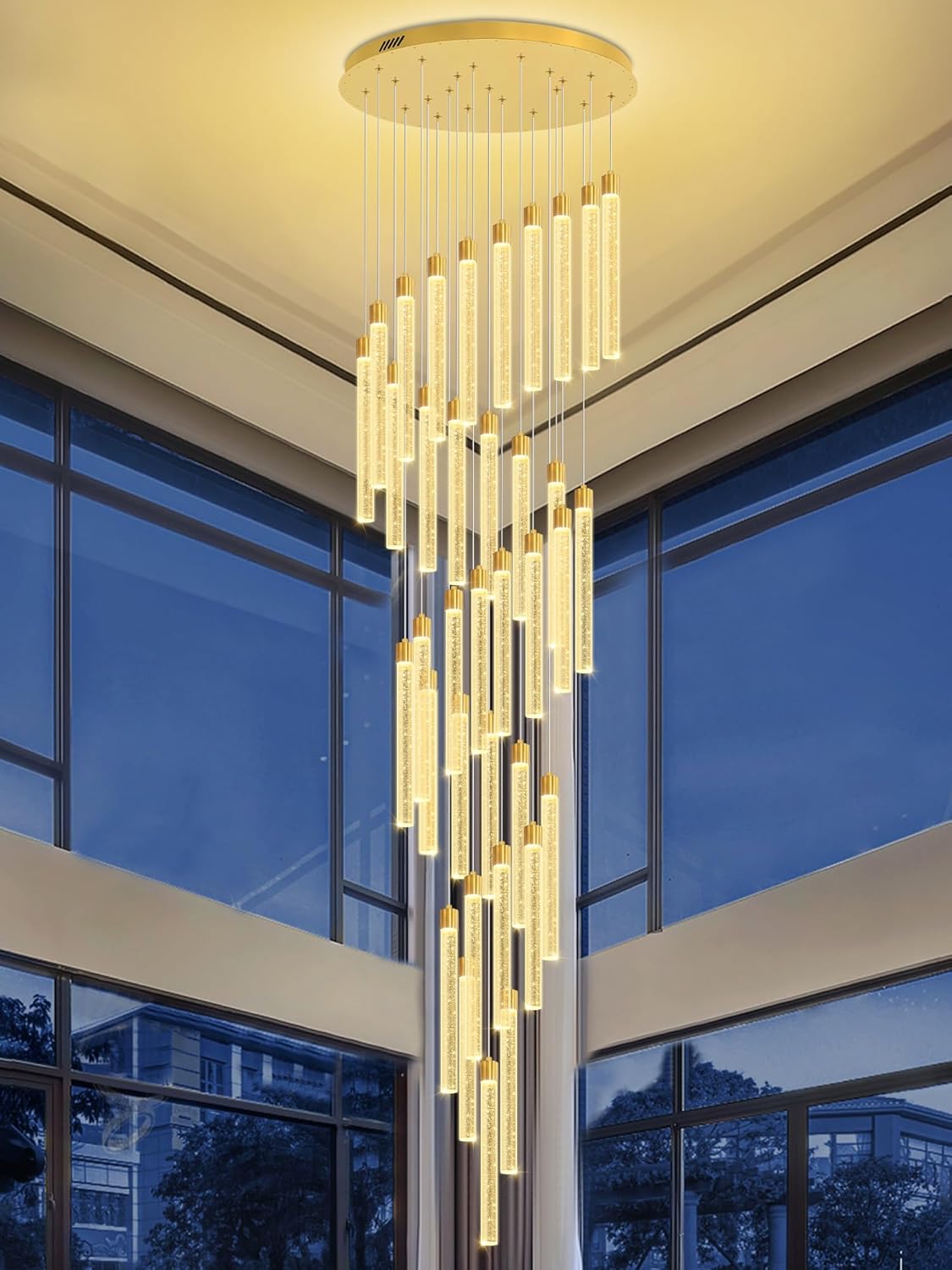 200'' Long Crystal Column Chandelier Gold 36-Light Extra Large Staircase Chandelier High Ceiling Dimmable LED Ceiling Lighting Foyer Entryway Light Source is Replaceable