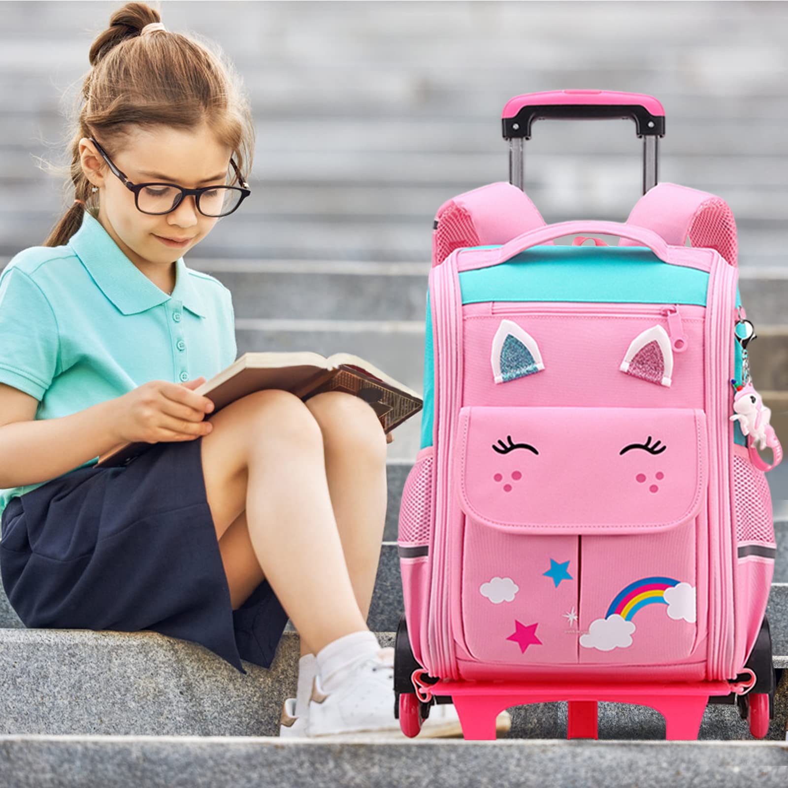 Tanou Mochila Ruedas Niña, 16 Pulgadas Mochilas Escolares con Ruedas, Desmontable Mochila con Carro Niñas para Viajes Escolar, 5-9 Años, Rosado