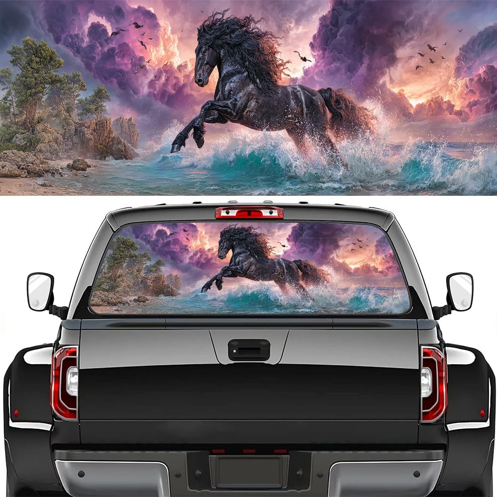 Ocean Sunset Horse Truck Rear Window Graphic Decals, Fantasy Animal Sea View Pickup Car Window Stickers Truck Back Window Film Decal for Trucks SUV 66 x 22 inch