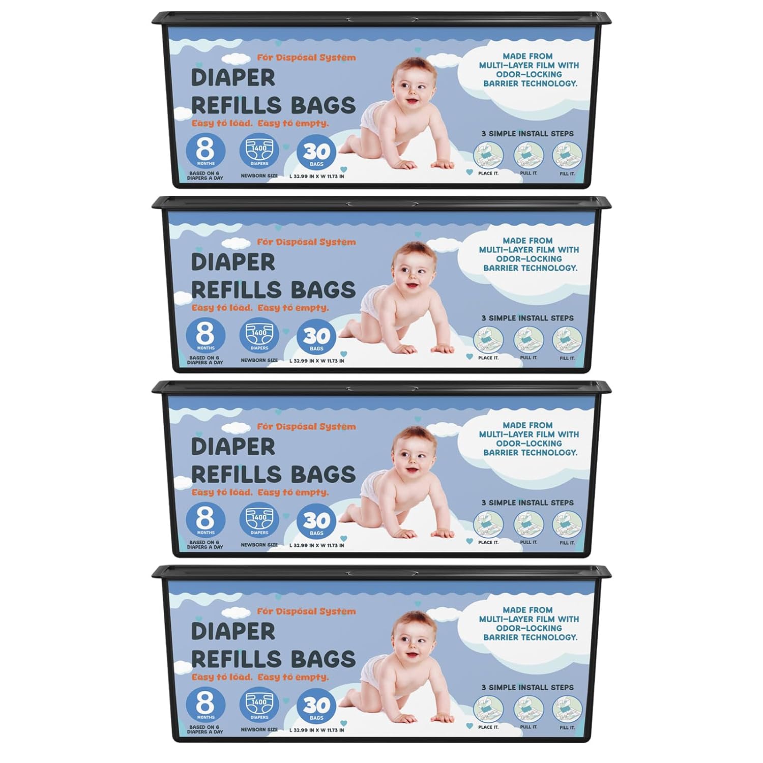 Diaper Pail Refills Bags with 30 Bags Compatible with Genie Easy Roll Signature Diaper Pails and Platinum Diaper Pails, Lasts Up to 8 Months, 7-Layer Odor-Barrier Technology, 4 Pack (120 Bags)