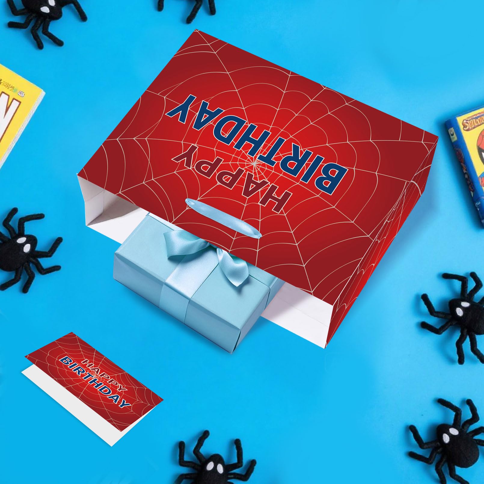 EIGHTSTATES Spider Web Birthday Gift Bag - Red Spider Theme Party Gift Bag with Card & Tissue Paper - Halloween Birthday Decor for Kids, Boys & Girls - Baby Shower Party Decorations Supplies