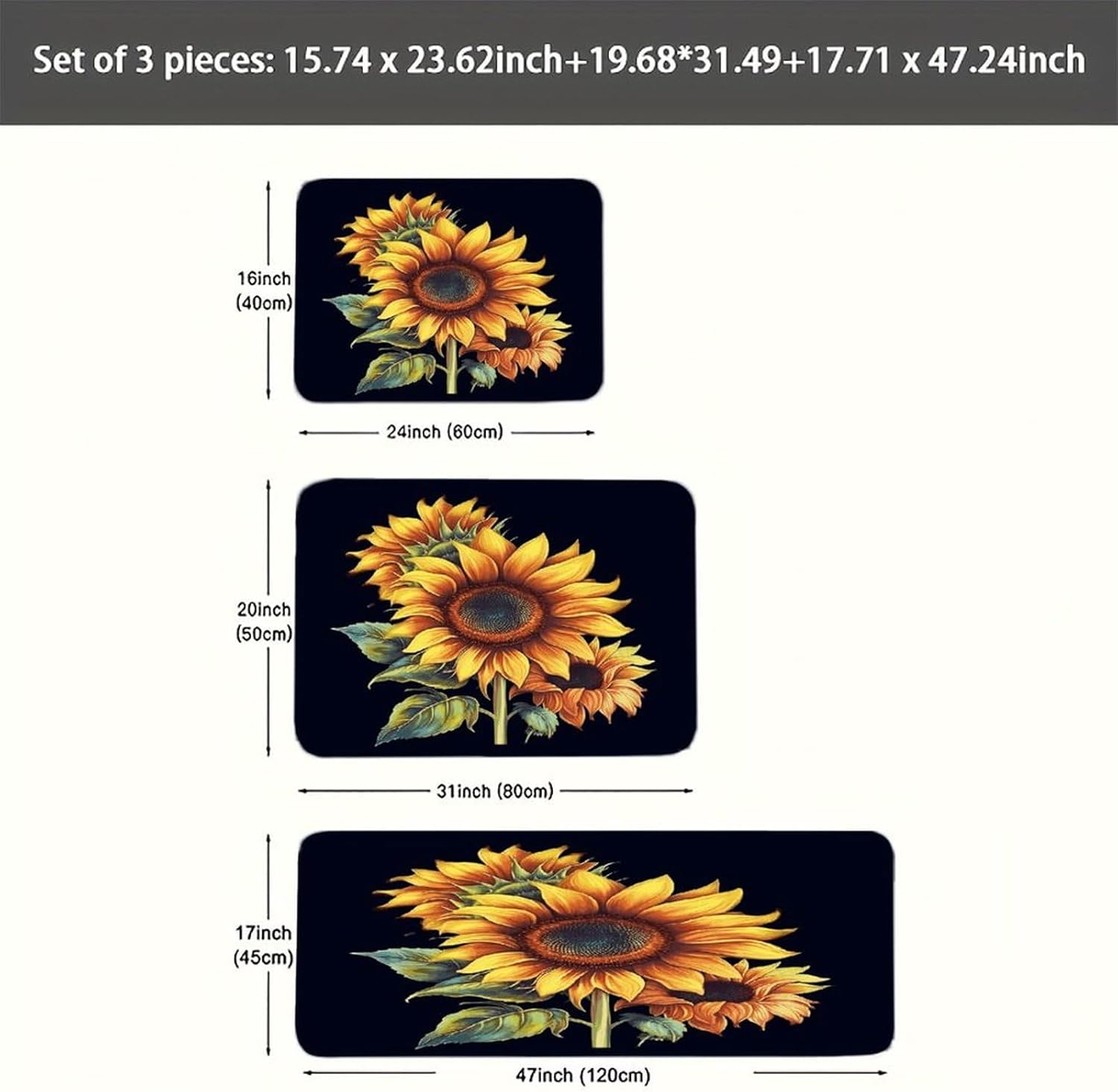 Summer Sunflower Kitchen Mats Soft Absorbent Rugs for Floor Non Slip Washable Kitchen Mats Fashion Rectangular Rugs for Three-Piece Set for Laundry Office Home Sink