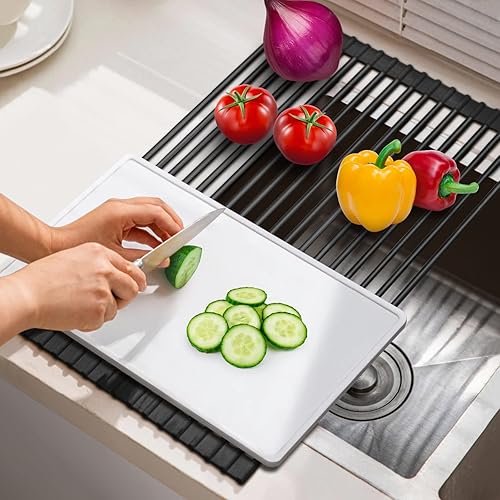 Miniatura 5 de HANZENMA Escurridor de platos enrollable sobre el fregadero, estante de secado de fregadero plegable multiusos resistente al calor, antideslizante y