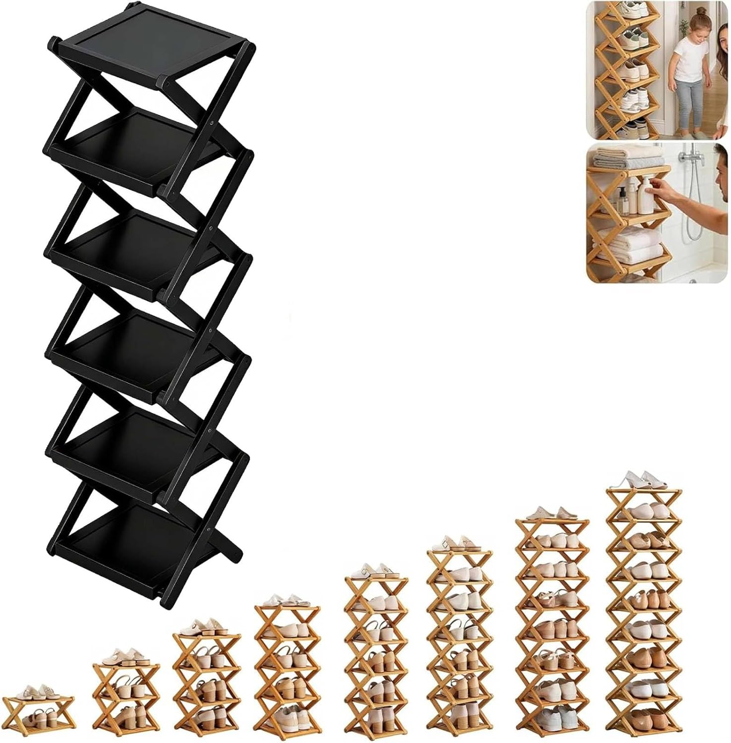 2/3/4/5/6/7/8 Tier Wood Shoe Rack, No-Assembly Vertical Slim Shoe Storage, Foldable Organizer for Small Spaces, Tall Narrow Shoe Rack to Entryway Closet,Foldable Space-Saving Organizer (Black, 6)